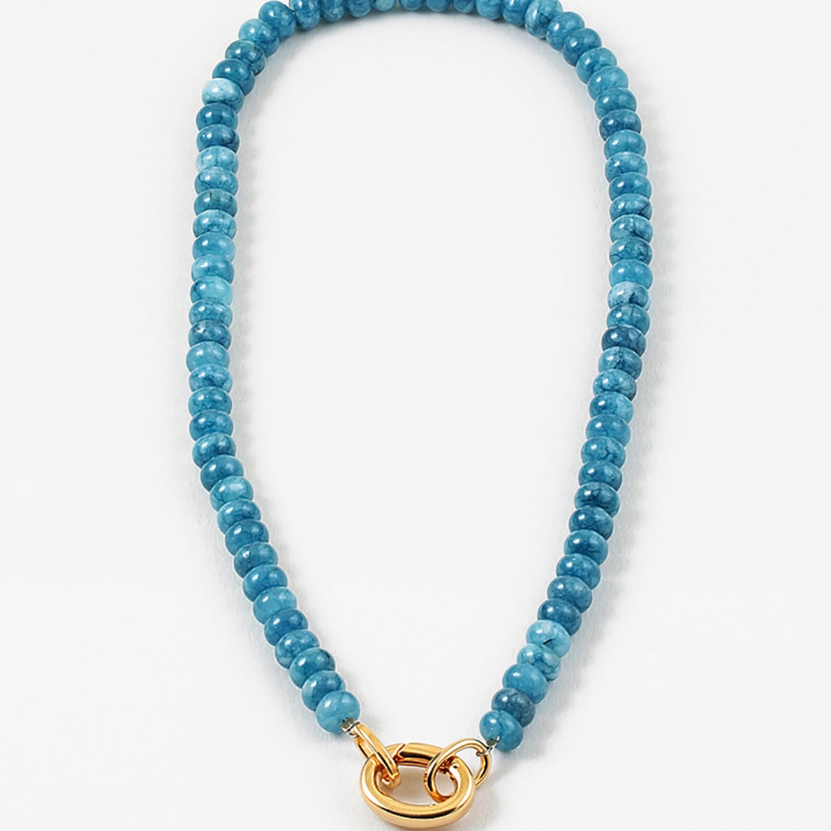 A marbled blue bead necklace with a gold carabiner clasp.