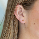 Close-up of an ear wearing a gold stud earring with a blurred background