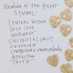 Picture of words and 8 textured heart pendants.  Words read: Meaning of the Heart Symbol: Central Wisdom, Self Love, Movement, Sincerity & Clarity, Friendship, Compassion & Understanding, Affection, Truth.