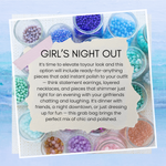 Promotional text for a 'Girl's Night Out' jewelry grab bag with colorful beads on a light blue background.