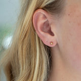 Close-up of an ear wearing a gold stud earring with blurred background
