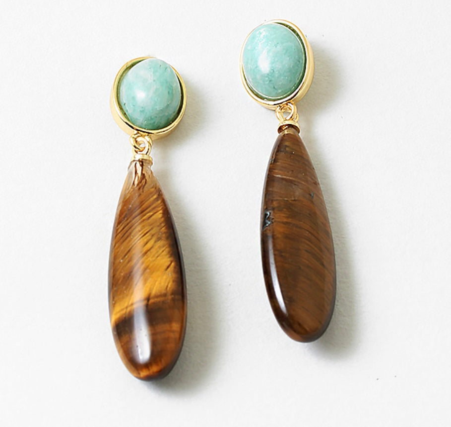 Pair of earrings with turquoise stones and amber teardrop pendants on a white background