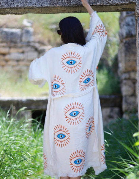 Cream Evil Eye Turkish Towel Robe (shipping 5/25)