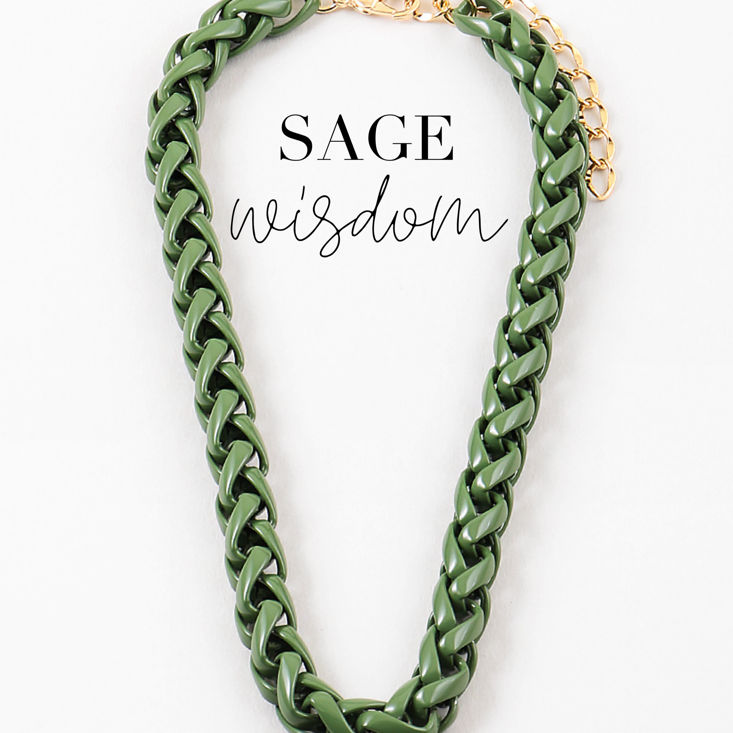 Green braided necklace with gold clasp on a white background, featuring the text 'Sage Wisdom'.