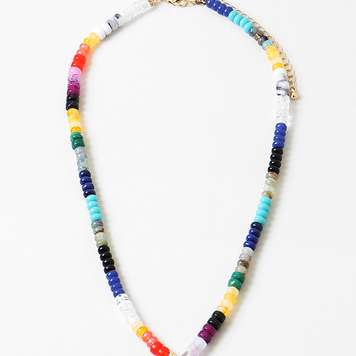 Colorful beaded necklace on a white background