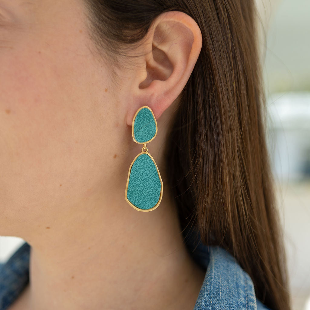 Picture of a woman's ear displaying a large statement dangle earrings in aqua with gold edging.