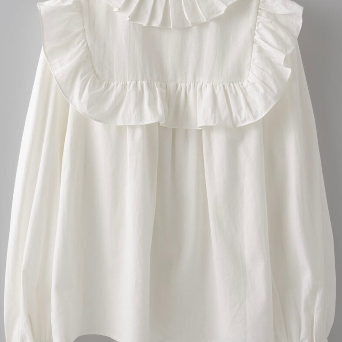 Picture of the back of a white long sleeved dress shirt. Shirt has a ruffle around the collar and the breast and cuff sleeves.