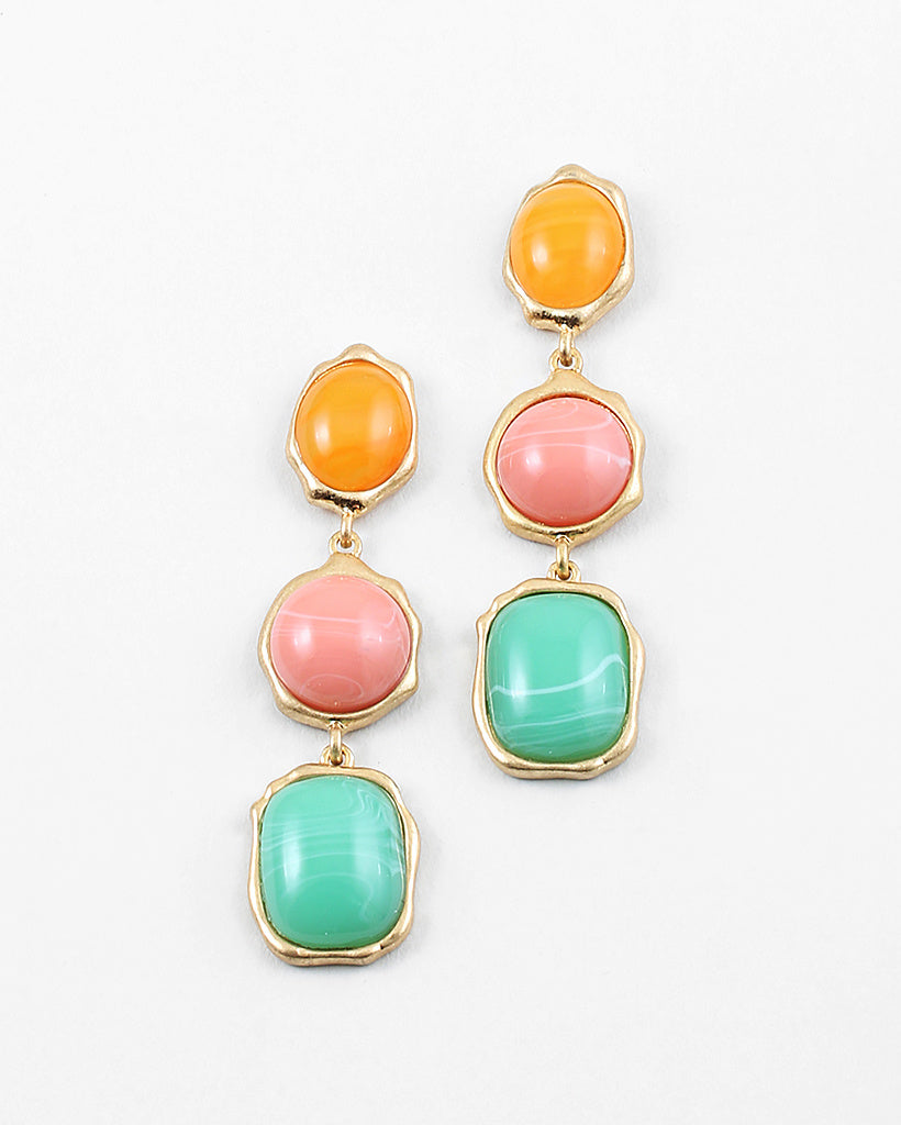 Set of dangle earrings in three pieces in gold with orange, pink and Mint Green stones.