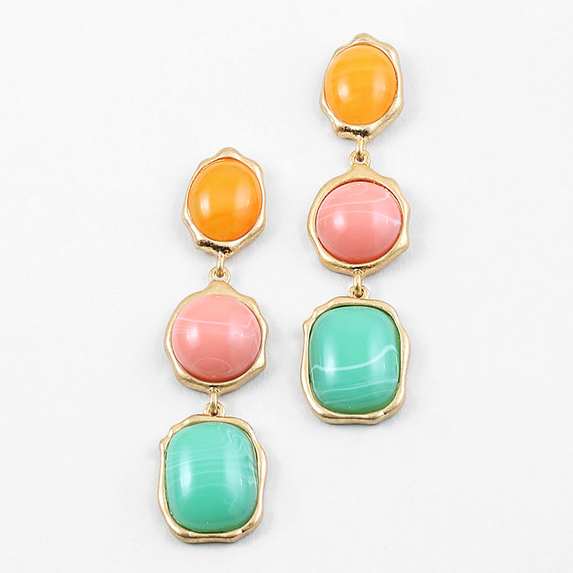 Set of dangle earrings in three pieces in gold with orange, pink and Mint Green stones.