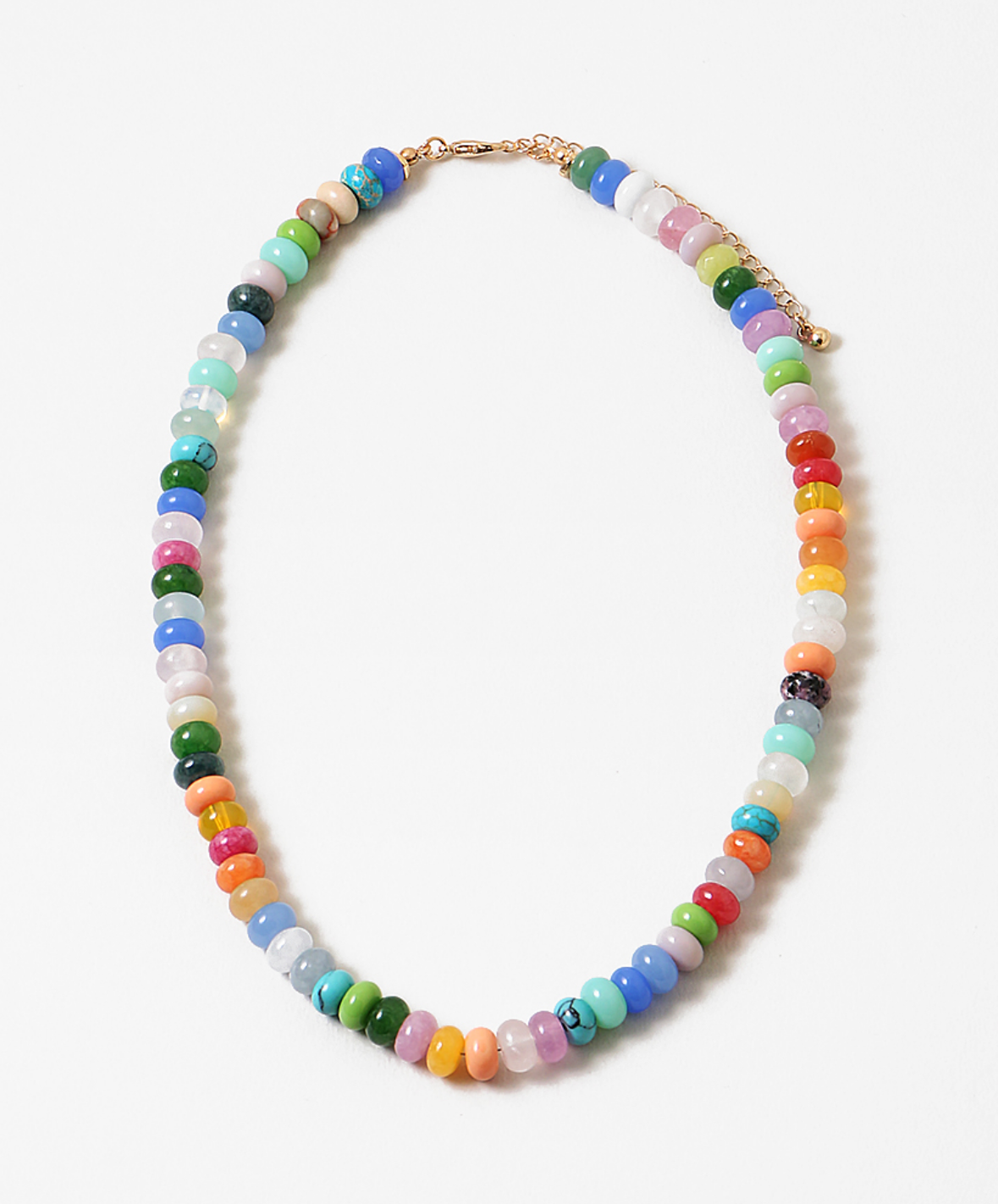 Multicolor bead necklace in blues, oranges, greens and whites.