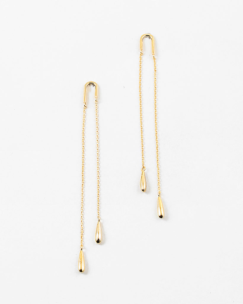 Gold chain threader earrings with teardrop pendants on a white background