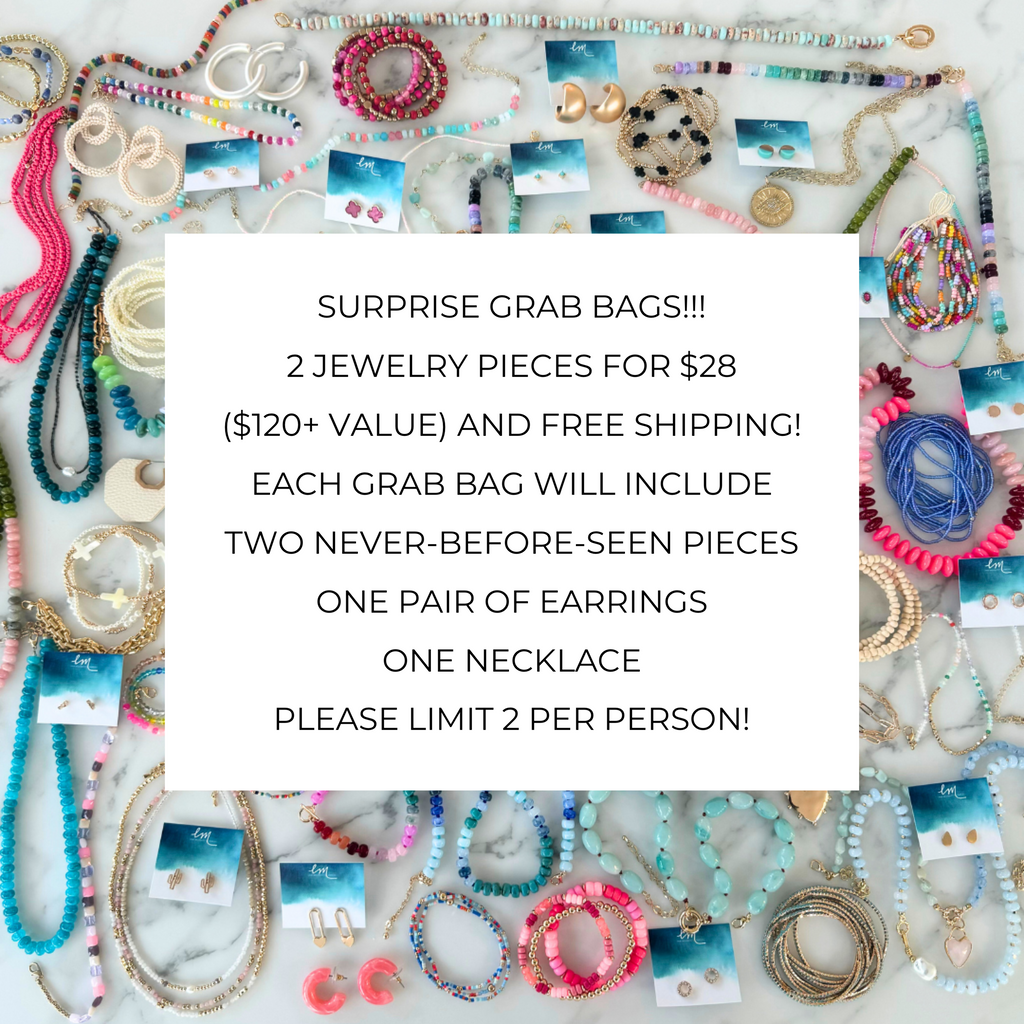 Picture of a collection of brightly colored beaded jewelry. Overlaid is an advertisement that reads:
"Surprise Grab Bags!!! 2 Jewelry Pieces for $28 ($120+ Value) and free shipping! Each Grab bag will include two never-before-seen pieces one pair of earrings one necklace Please limit 2 per person!"