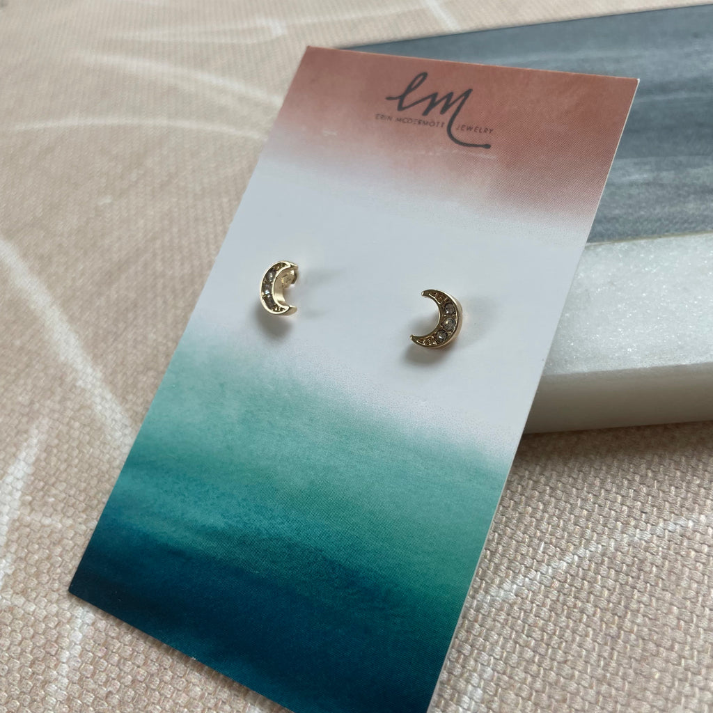 Gold and Quartz Moon Studs