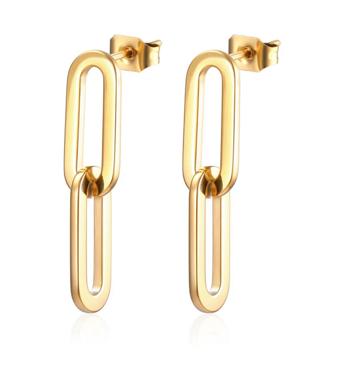 Gold chain-style earrings on a white background
