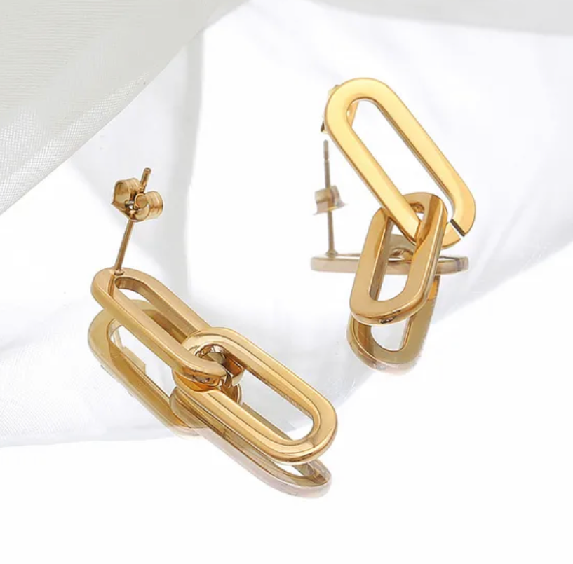 Gold chain-style earrings on a white background