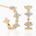 Gold and blue flower-shaped earrings on a white background
