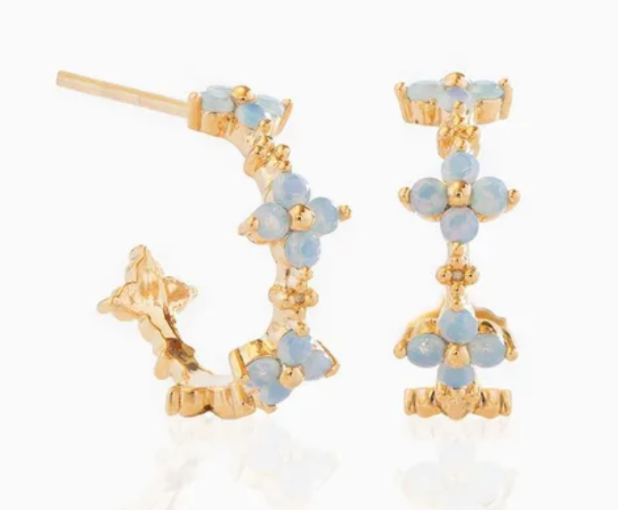 Gold and blue flower-shaped earrings on a white background
