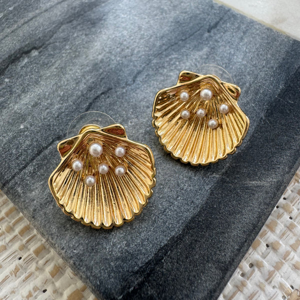Gold Shell and Tiny Pearl Studs