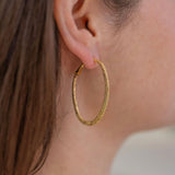 Picture of model wearing a textured gold hoops