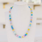 Beautiful multi-colored beaded necklace of blue, white, pink and yellow.