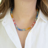 Picture of a necklace in orange,pink, purple, blue and green beads.