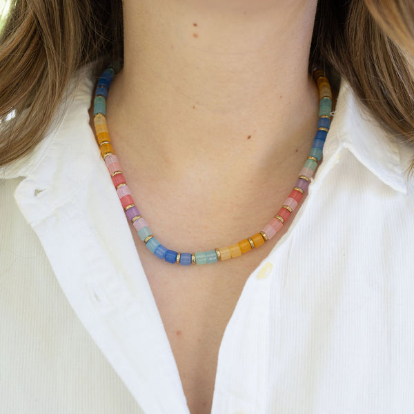 Picture of a necklace in orange,pink, purple, blue and green beads.