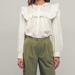 Picture of a model wearing a white long sleeved dress shirt. Shirt has a ruffle collar around the neck and breast and is a button up shirt.