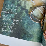Picture of book page showing aerial beach shot with beaded jewelry overlayed and a poem written.