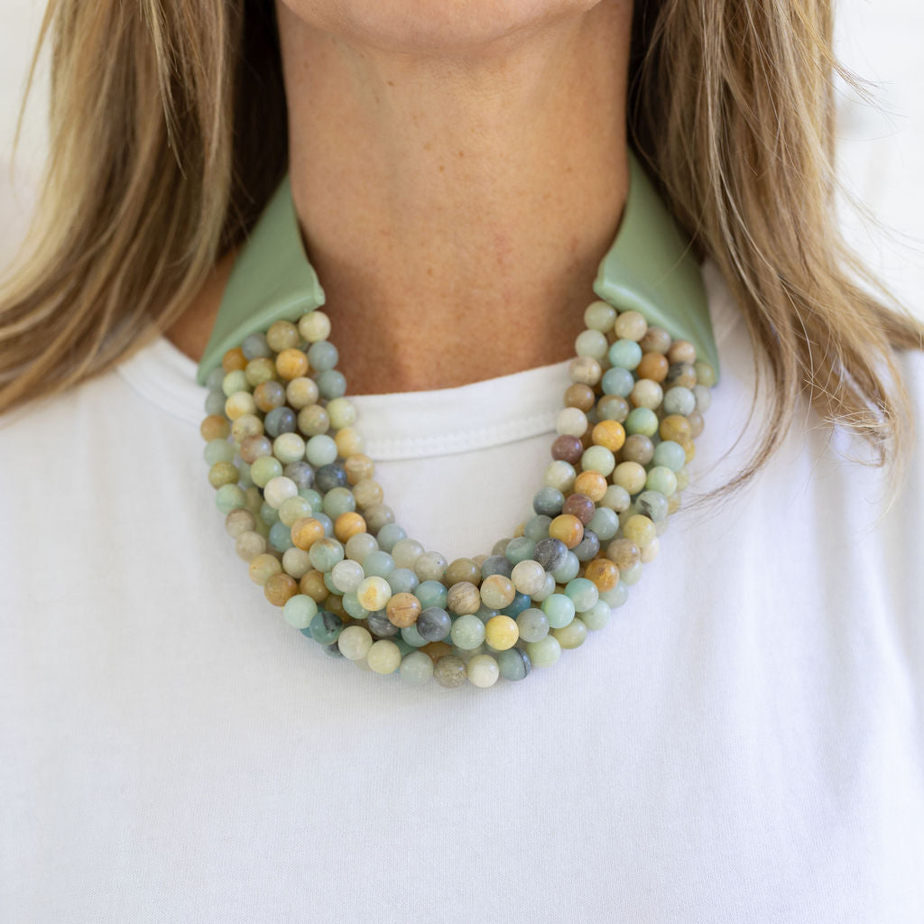 Picture of a large chunky accent necklace made up of 5 strings of 1/2 inch beads in greens, blues and tans.