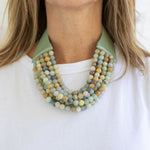 Picture of a large chunky accent necklace made up of 5 strings of 1/2 inch beads in greens, blues and tans.