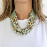 Picture of a large chunky accent necklace made up of 5 strings of 1/2 inch beads in greens, blues and tans.