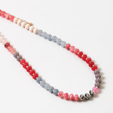 An image of a multicolored beaded short necklace (blue, gray, and red)