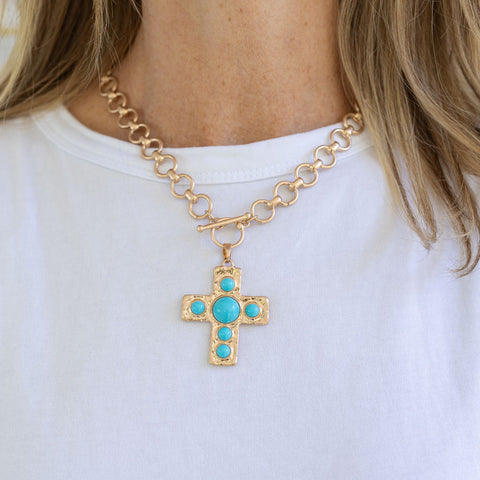 Turquoise and Gold Cross Necklace