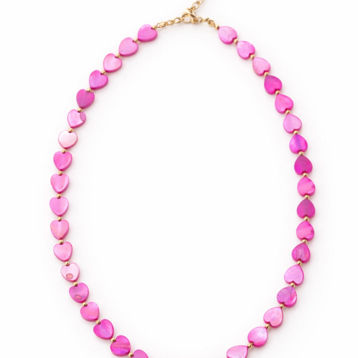 Necklace with pink heart-shaped beads on a white background