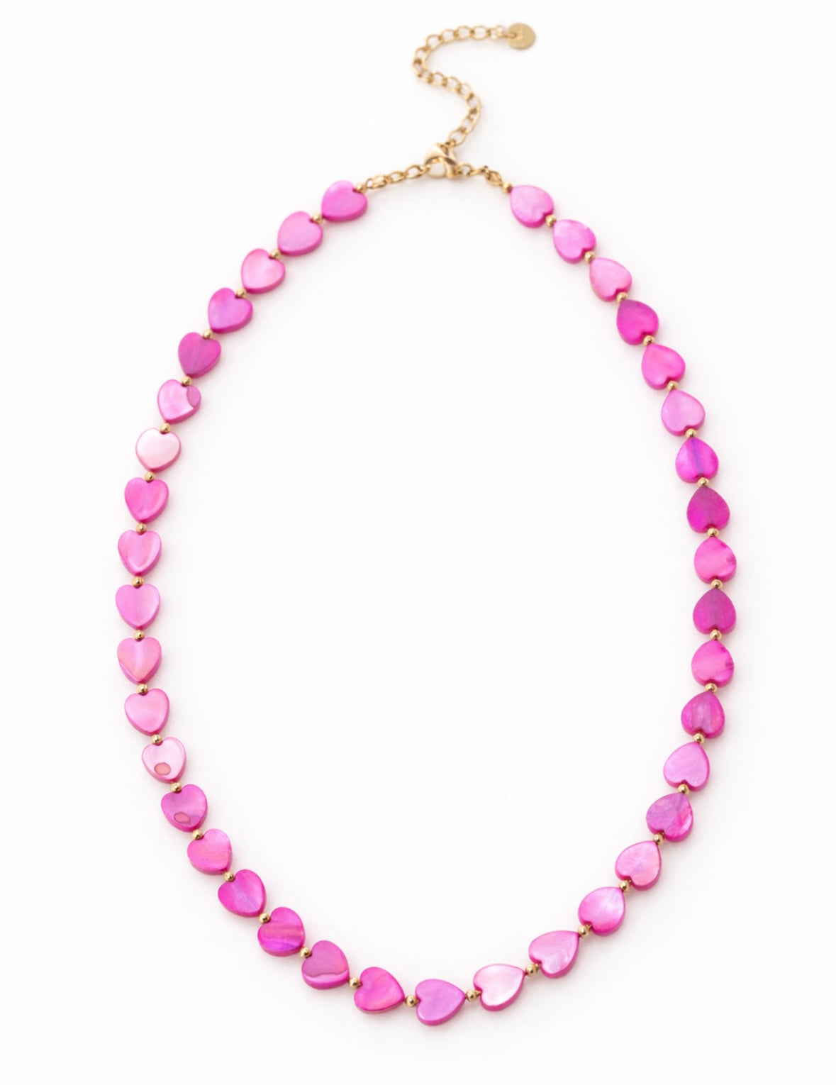 Necklace with pink heart-shaped beads on a white background