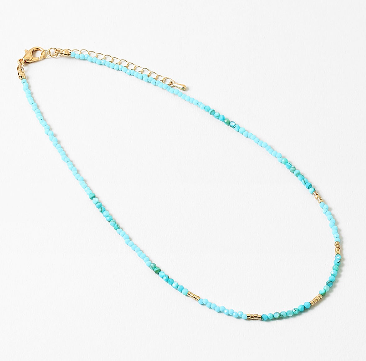 Delicate turquoise beaded necklace with gold accent beads.