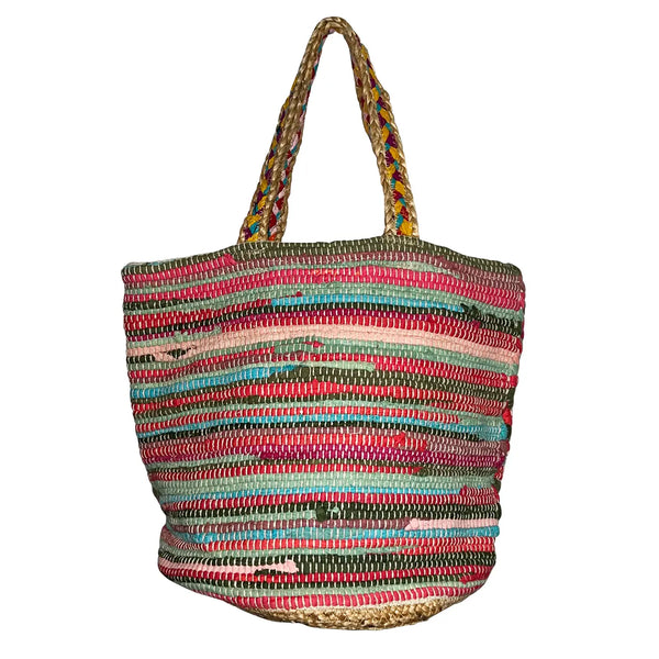 Brightly colored woven jute bag many colors and wide geometric patterned shoulder straps.