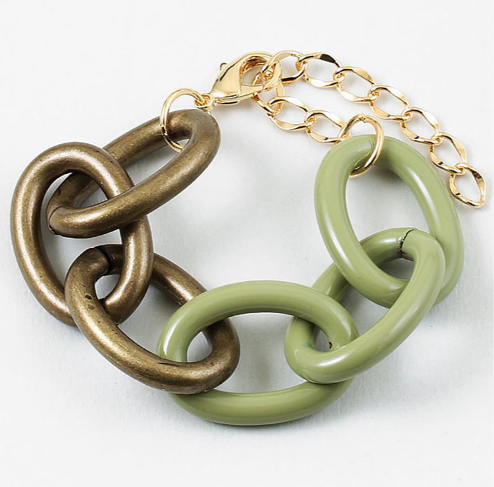 Bracelet with large gold and green chain links on a white background