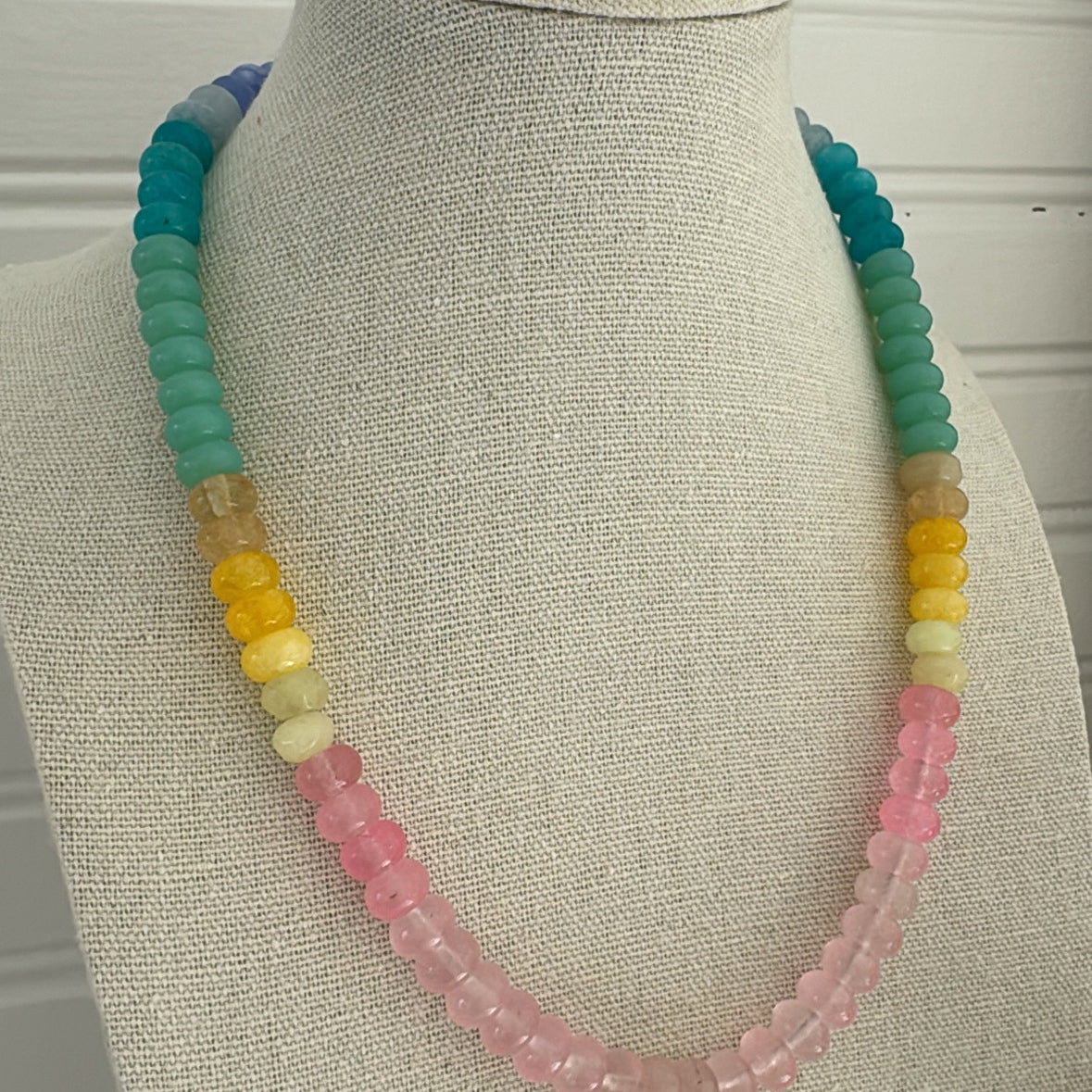 Picture of large resin beaded necklace with rose, yellow, green and turquoise beads.