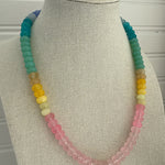 Picture of large resin beaded necklace with rose, yellow, green and turquoise beads.