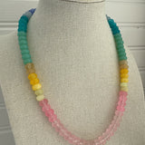 Picture of large resin beaded necklace with rose, yellow, green and turquoise beads.