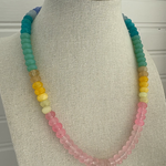 Picture of a resin bead necklace in blues, teals, yellows and pinks.