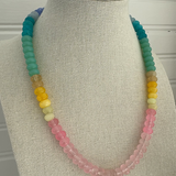 Picture of a resin bead necklace in blues, teals, yellows and pinks.