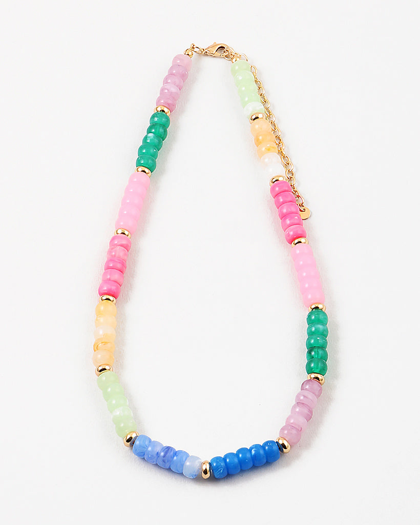 Picture of a multicolored beaded necklace in pinks, blues, greens and yellows with gold accent beads every 5th bead.