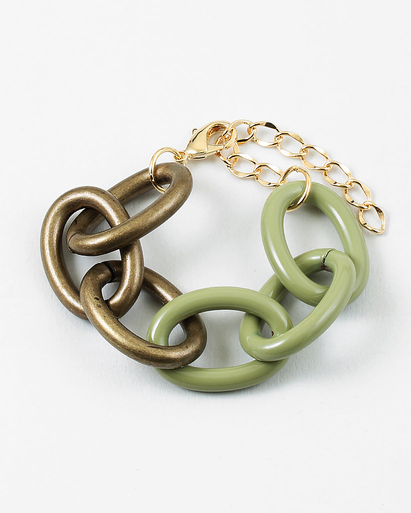 Bracelet with large gold and green chain links on a white background