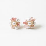 A pair of gold-colored earrings adorned with white pearls and pink accents.