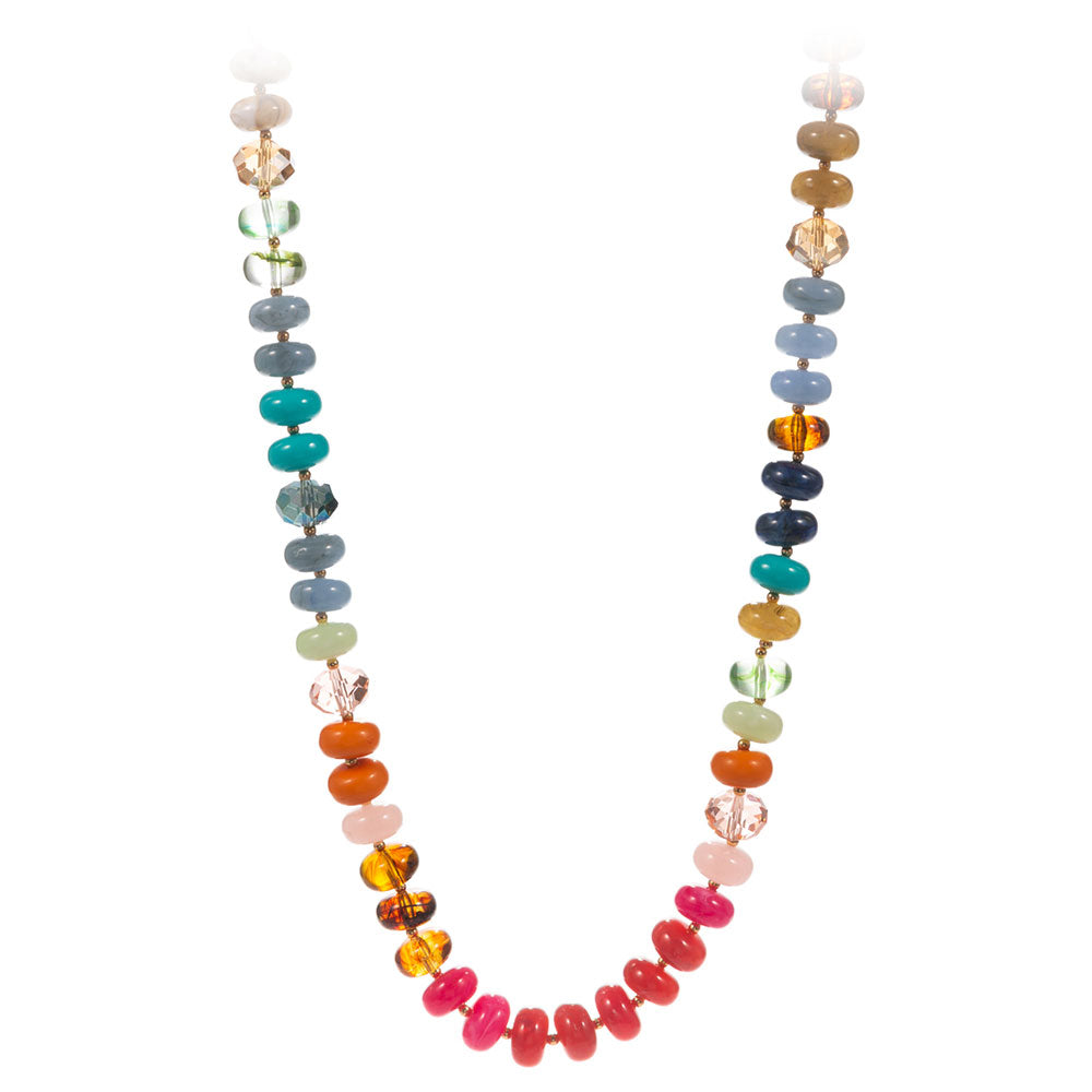 Colorful beaded necklace on a white background