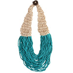 Necklace with beige braided top and many strands of turquoise beads on a white background