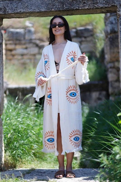 Cream Evil Eye Turkish Towel Robe