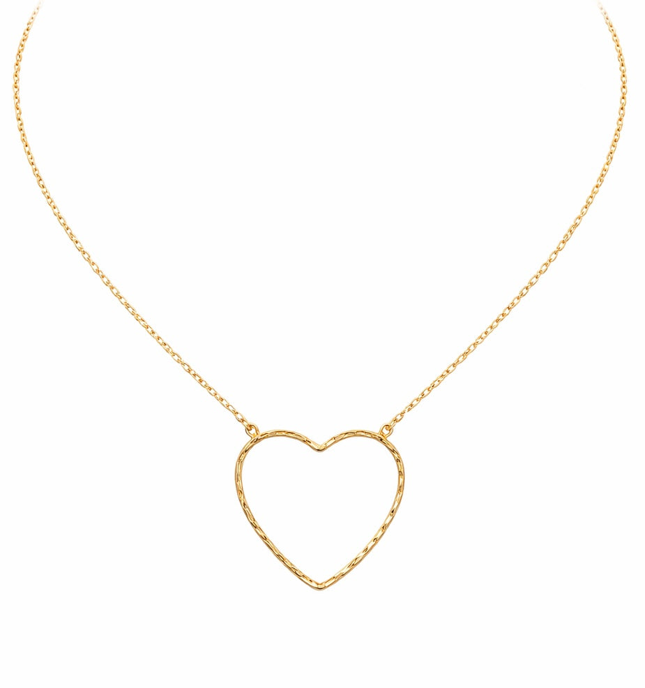 Gold heart-shaped necklace on a white background